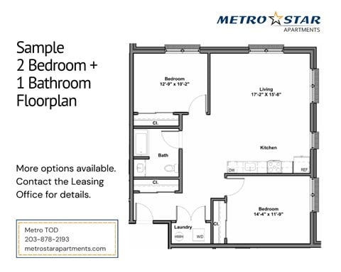 Floor plan for 2 beds, 1 bath, 973 sqft